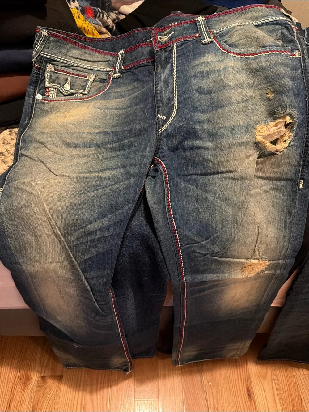 True Religion Blue Denim Jeans with Red & White Stitching